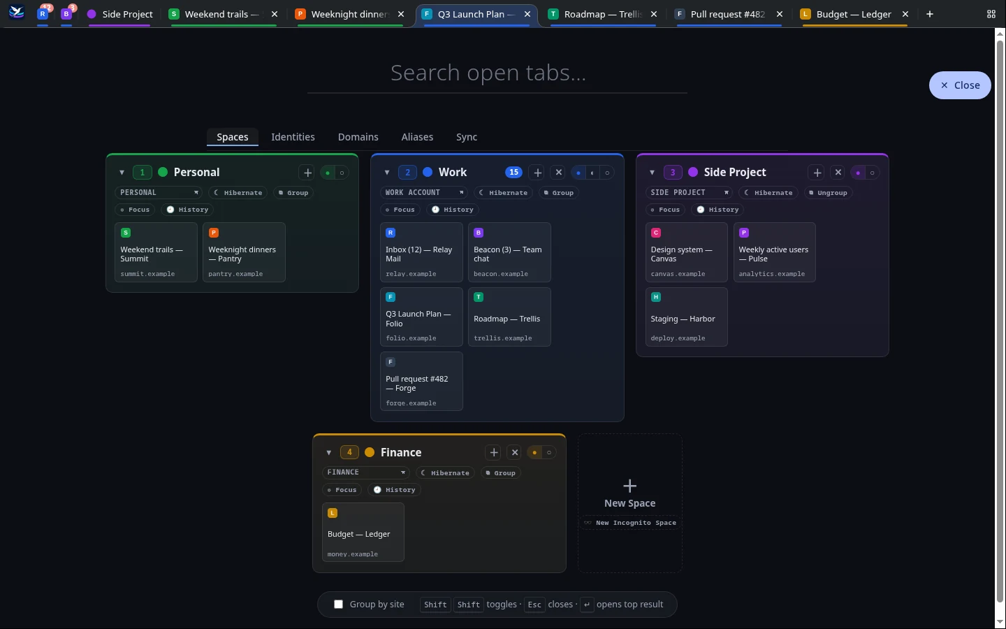 Spry Browser overview with Personal, Work, Side Project, and Finance Spaces, each holding its own tabs